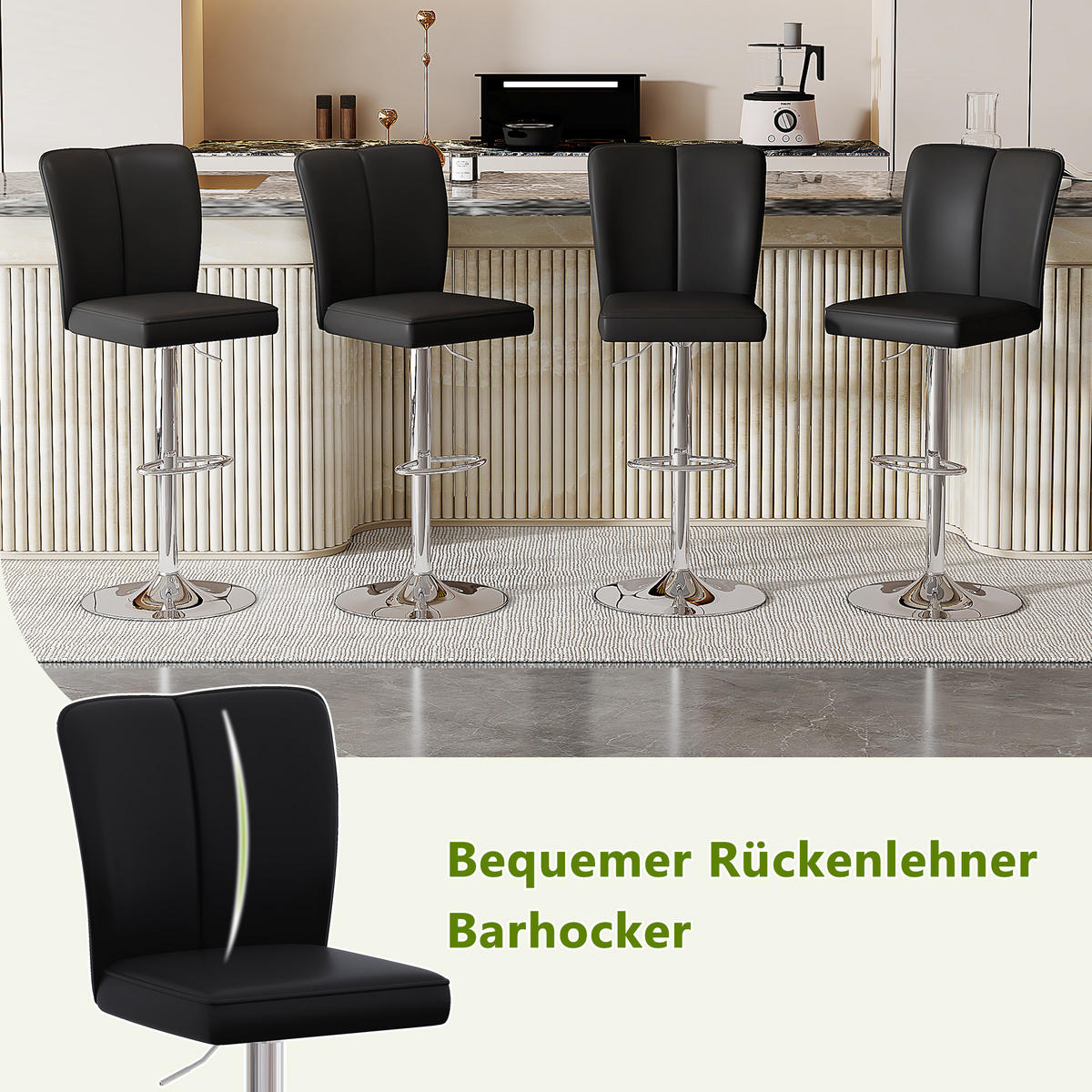 BARHOCKER Schwarz-Silber 2er-Set höhenverstellbar 360° drehbar mit PU-Leder - Schwarz, Metall (44.5/95.5/44cm) - PANGIVO