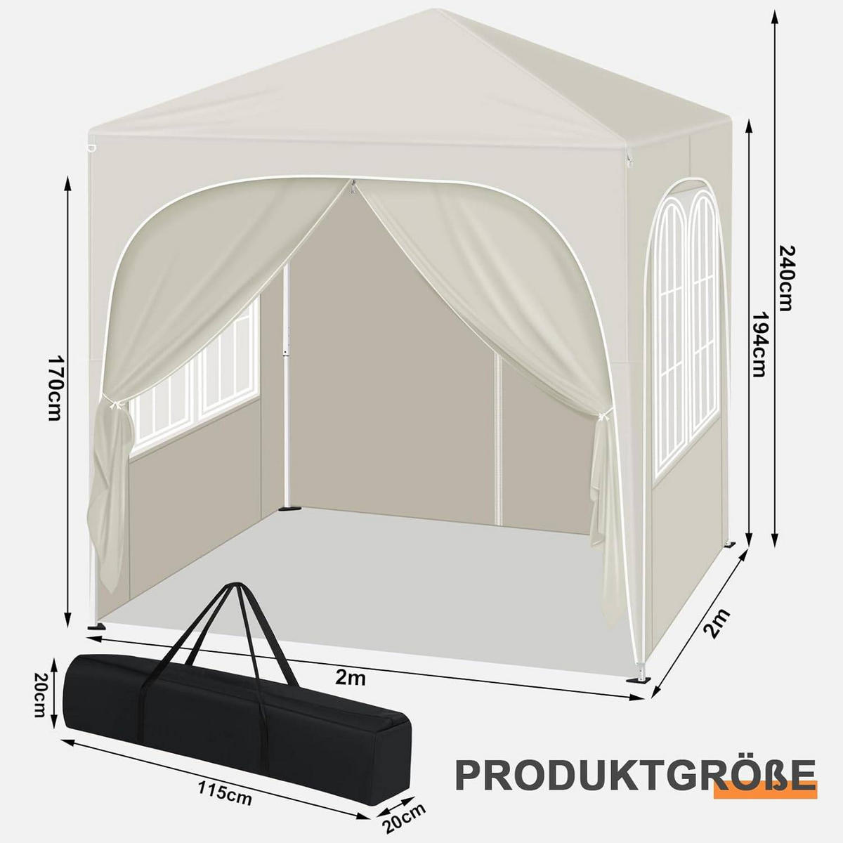 PAVILLON 2x2m mit 4 abnehmbaren Wänden, 3-stufig Höhenverstellbar - Beige, Metall (200/240/200cm) - Woltu