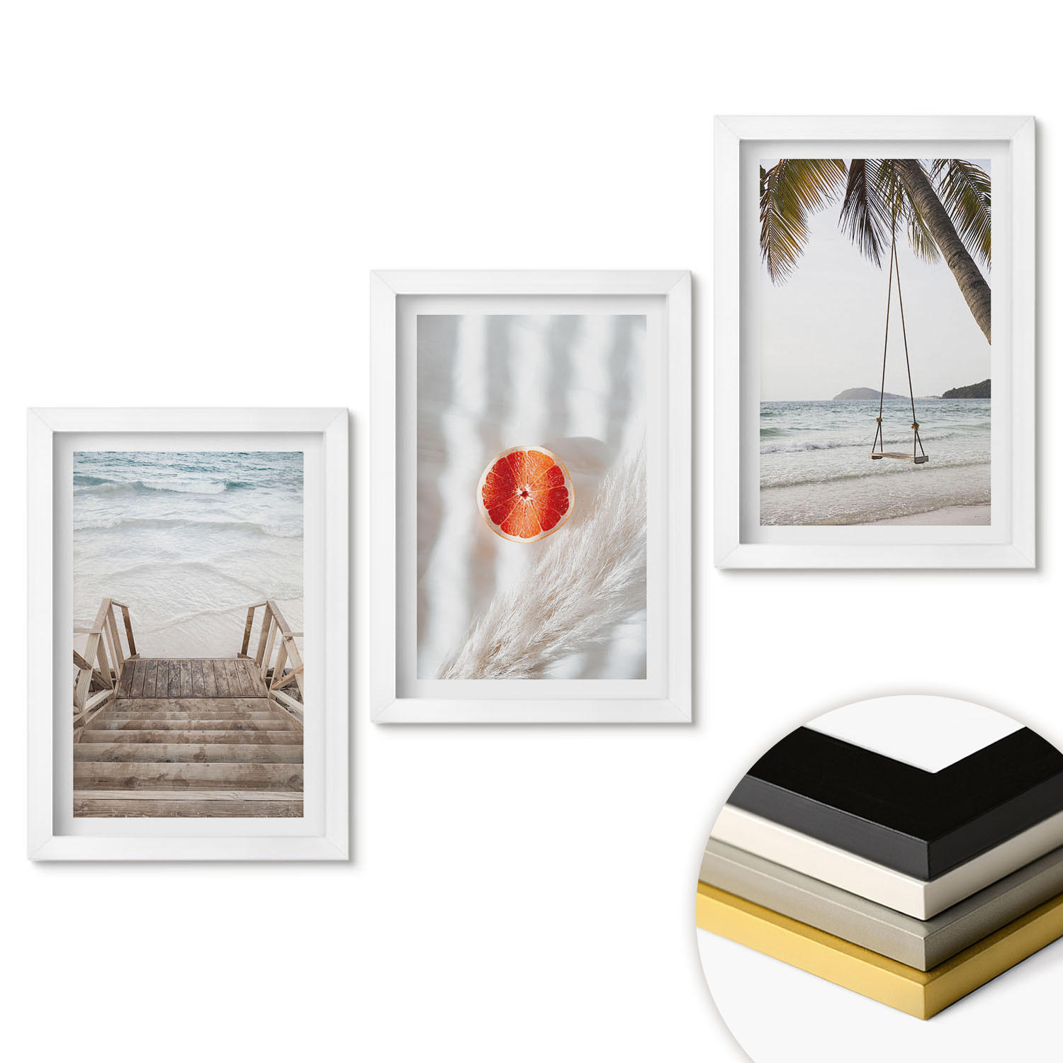 WANDBILDER 3er-Set - 20x30 cm Weißer Rahmen - Strandtreppe aus Holz, Urlaub - Weiß, Kunststoff (20/30cm) - ArtPrintCave