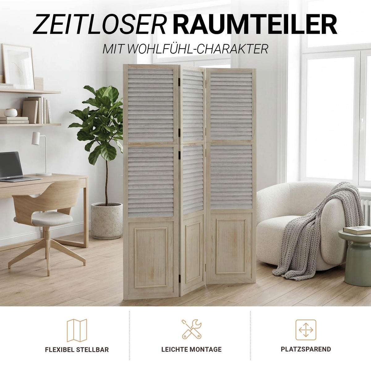 PARAVENT 3-tlg. 120/170 cm Weiß shabby washed - Weiß, Holz (120/170/2cm) - Homestyle4u