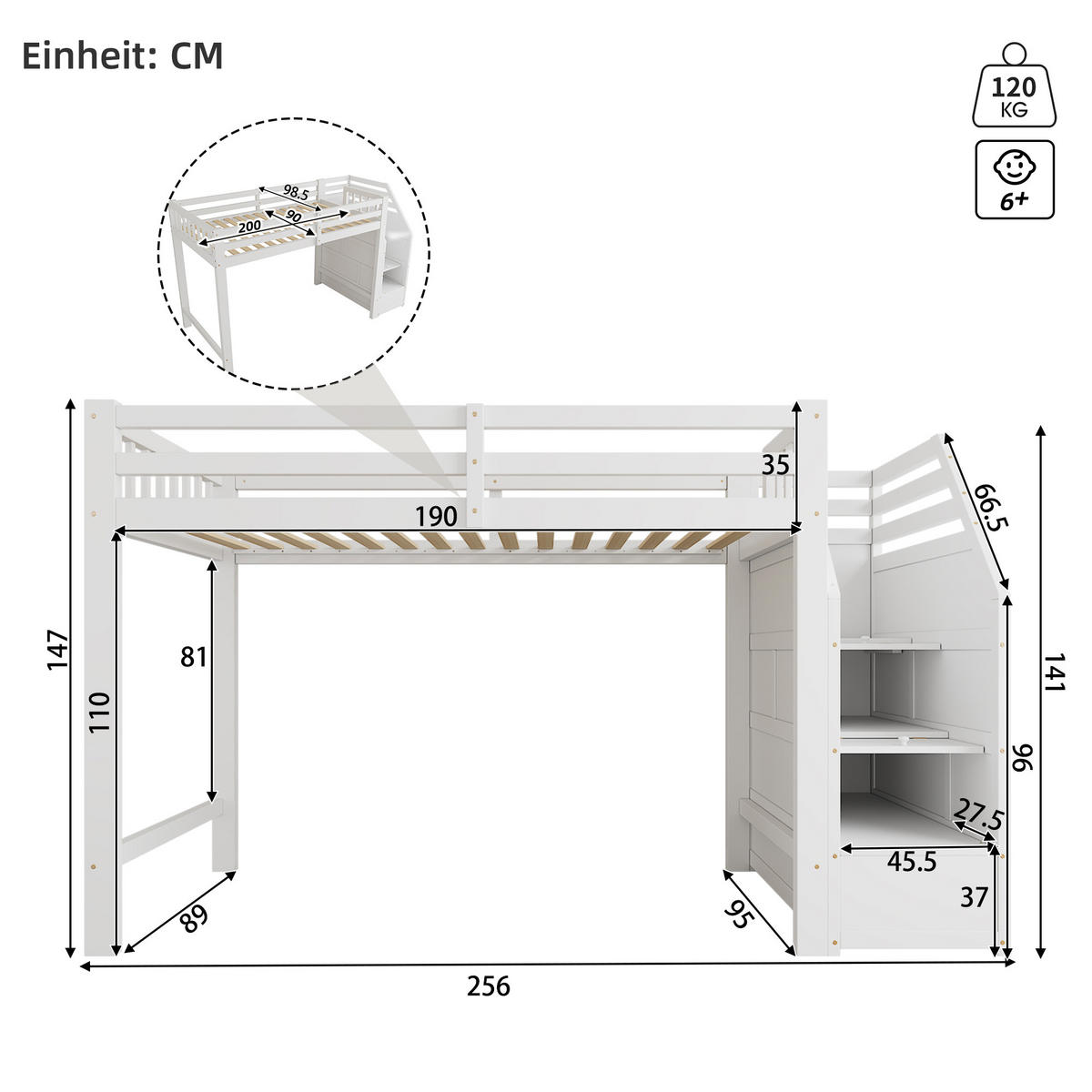 HOCHBETT 90x200 cm Stauraum weiß - Weiß, Holz (90/200cm) - LEBENLANG