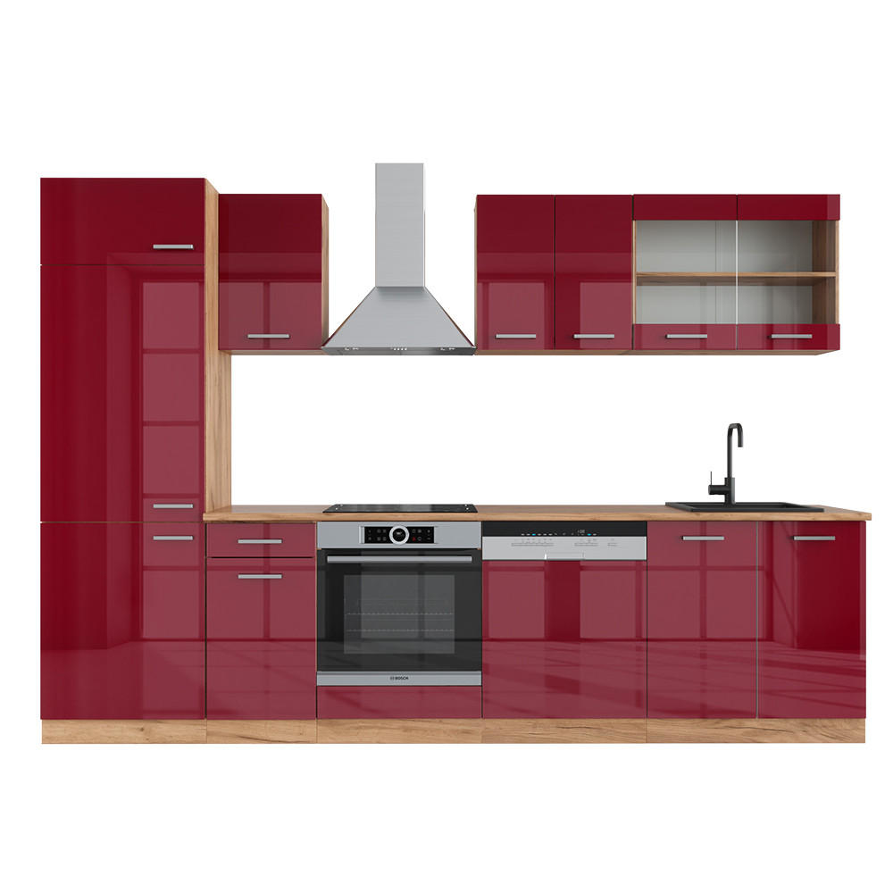 KÜCHENZEILE R-Line Rot Hochglanz/Goldkraft Eiche 300 cm , AP Eiche - Rot/Eiche Wotan, Holzwerkstoff (300/81.6/60cm) - Vicco