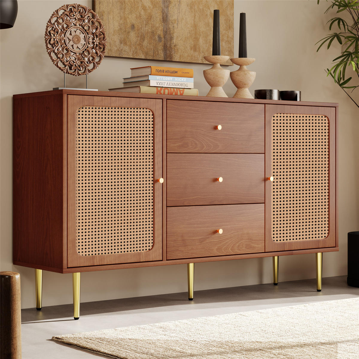 SIDEBOARD Nussbaum 150x90x40 cm Rattan mit Stauraum - Walnussfarben, Holz (150/90/40cm) - Kaket