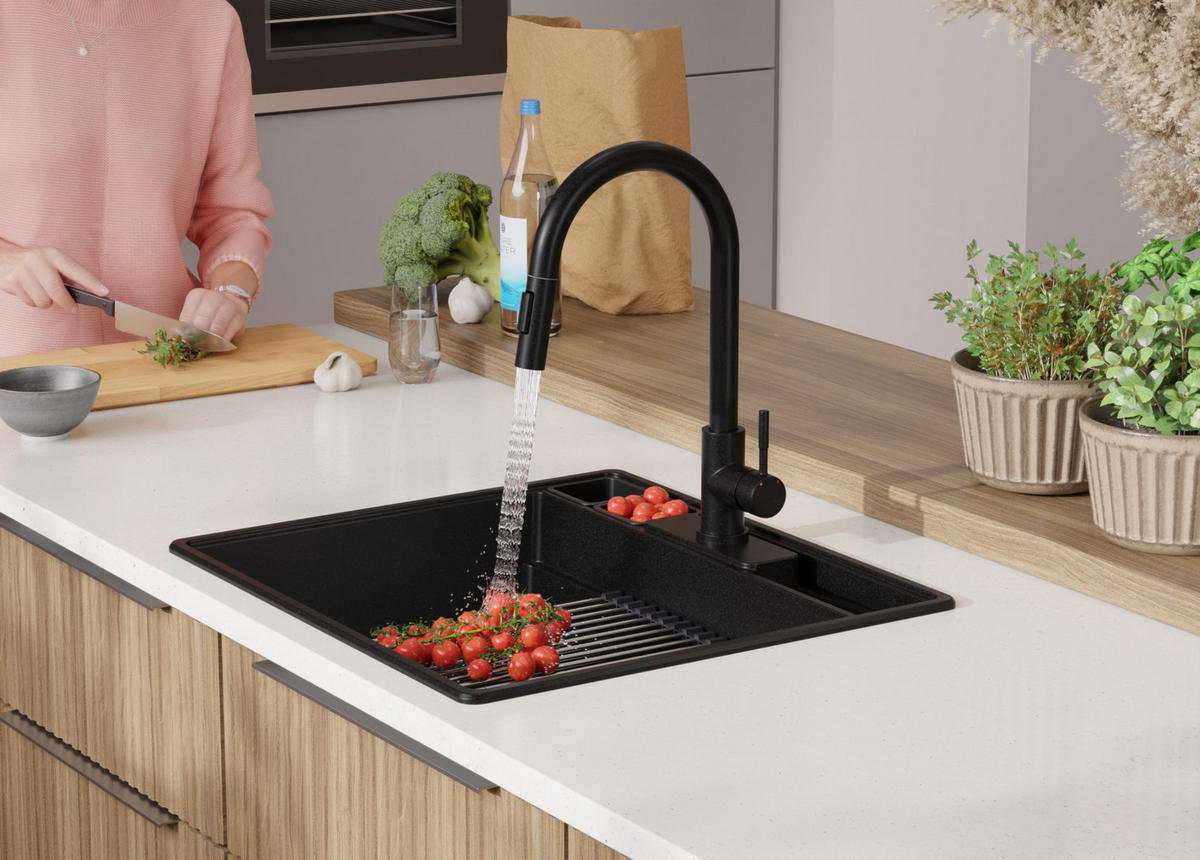 SPÜLBECKEN New York, 2-er set Alles Schwarz 58/53 cm 1 Becken + Ablauf-Set + Küchenzubehörset ab 60er Unterschrank - Beige/Schwarz, Kunststoff (58/20/53cm) - Primagran