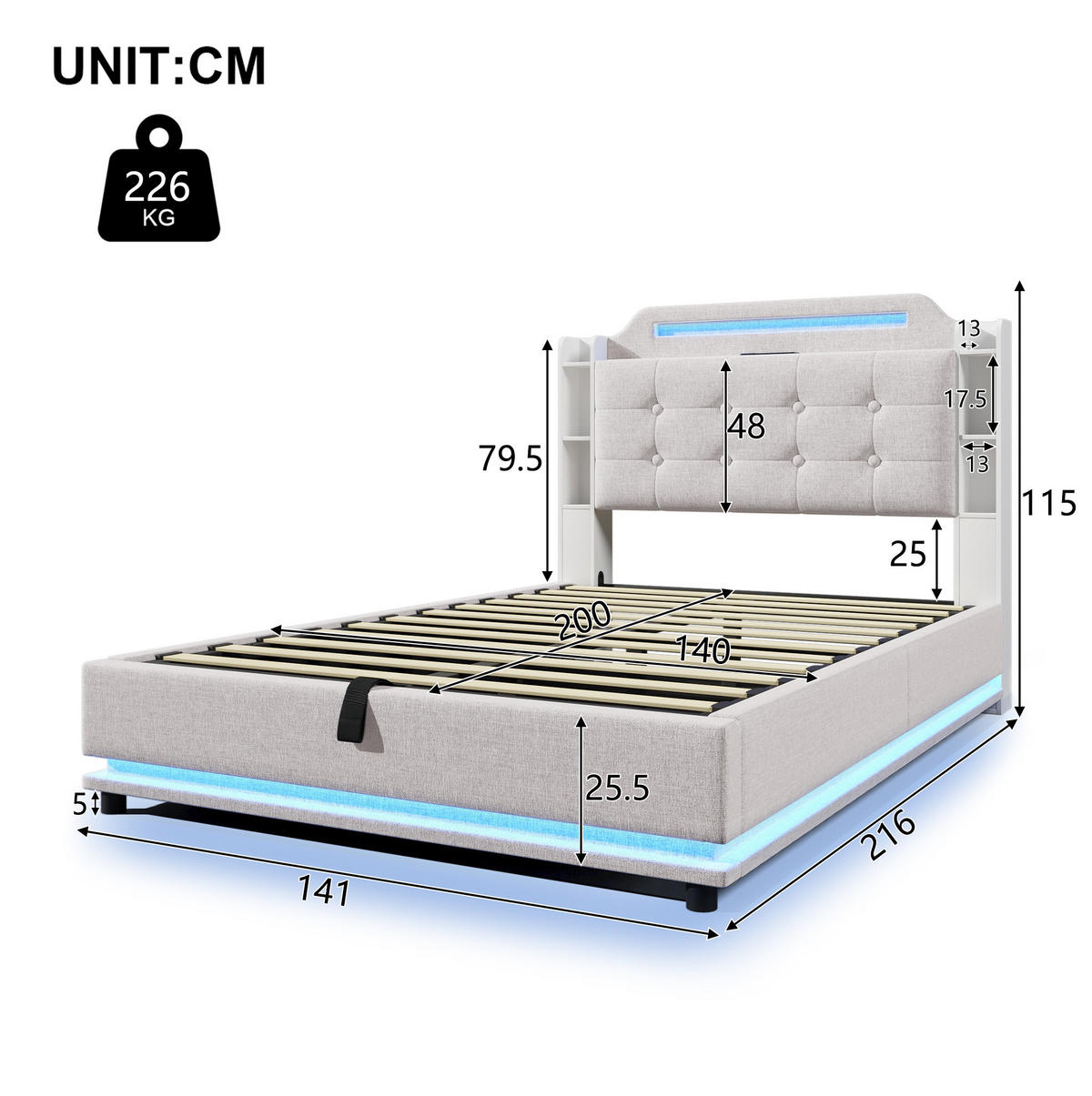 POLSTERBETT mit Bettkasten 140x200 cm Leinen Beige mit LED - Beige, Metall (140/200cm) - Meubliv