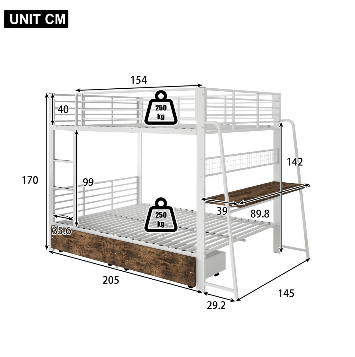 HOCHBETT aus Metall und MDF 140x200 cm Mattweiß mit Schreibtisch, RGB-LED, Steckdosenleiste und Schubladen - Weiß, Holzwerkstoff (140/200cm) - Modfu