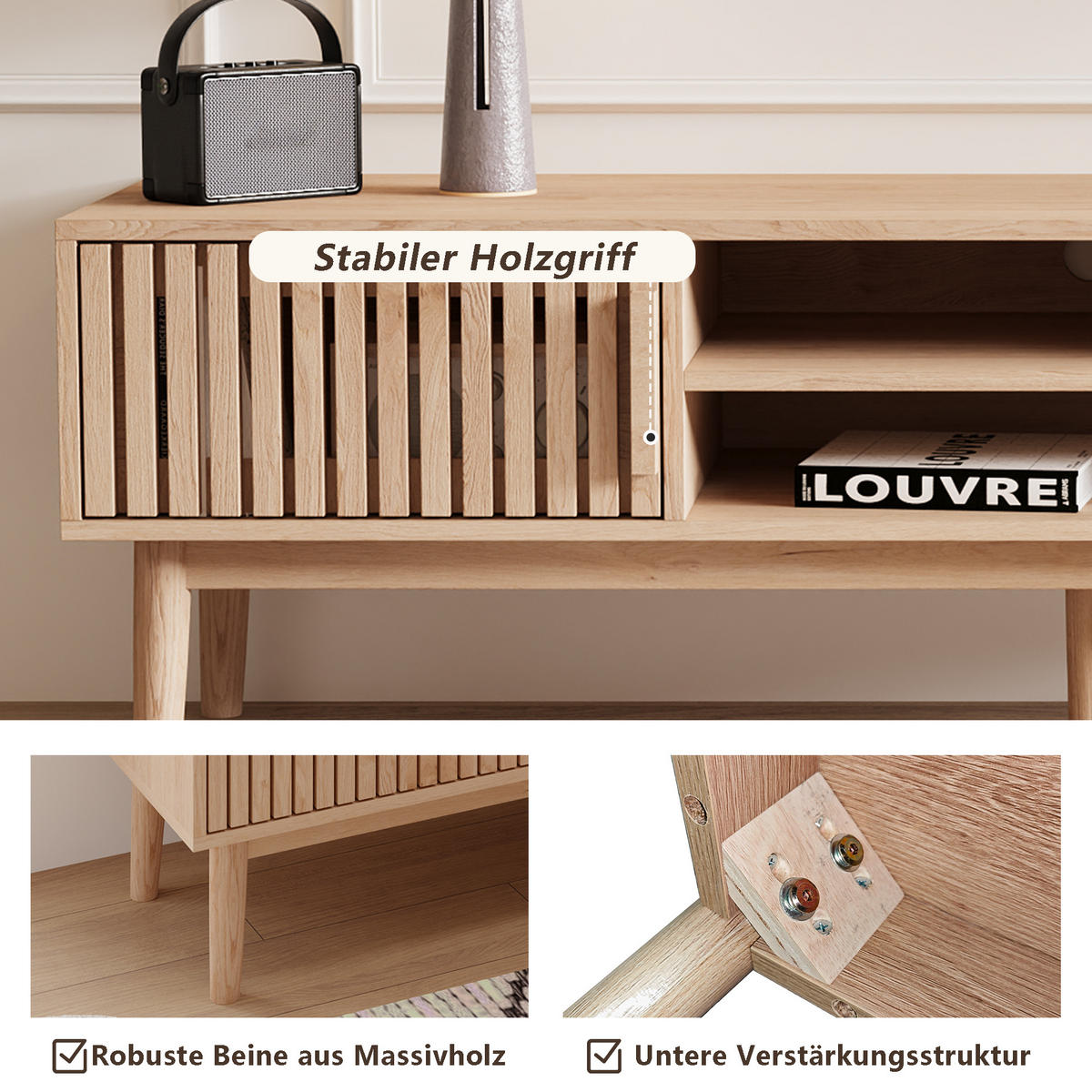 TV LOWBOARD 150x40x48 cm Ablagefächer Holz Art Deco - Naturfarben, Holz (150/48/40cm) - LEBENLANG