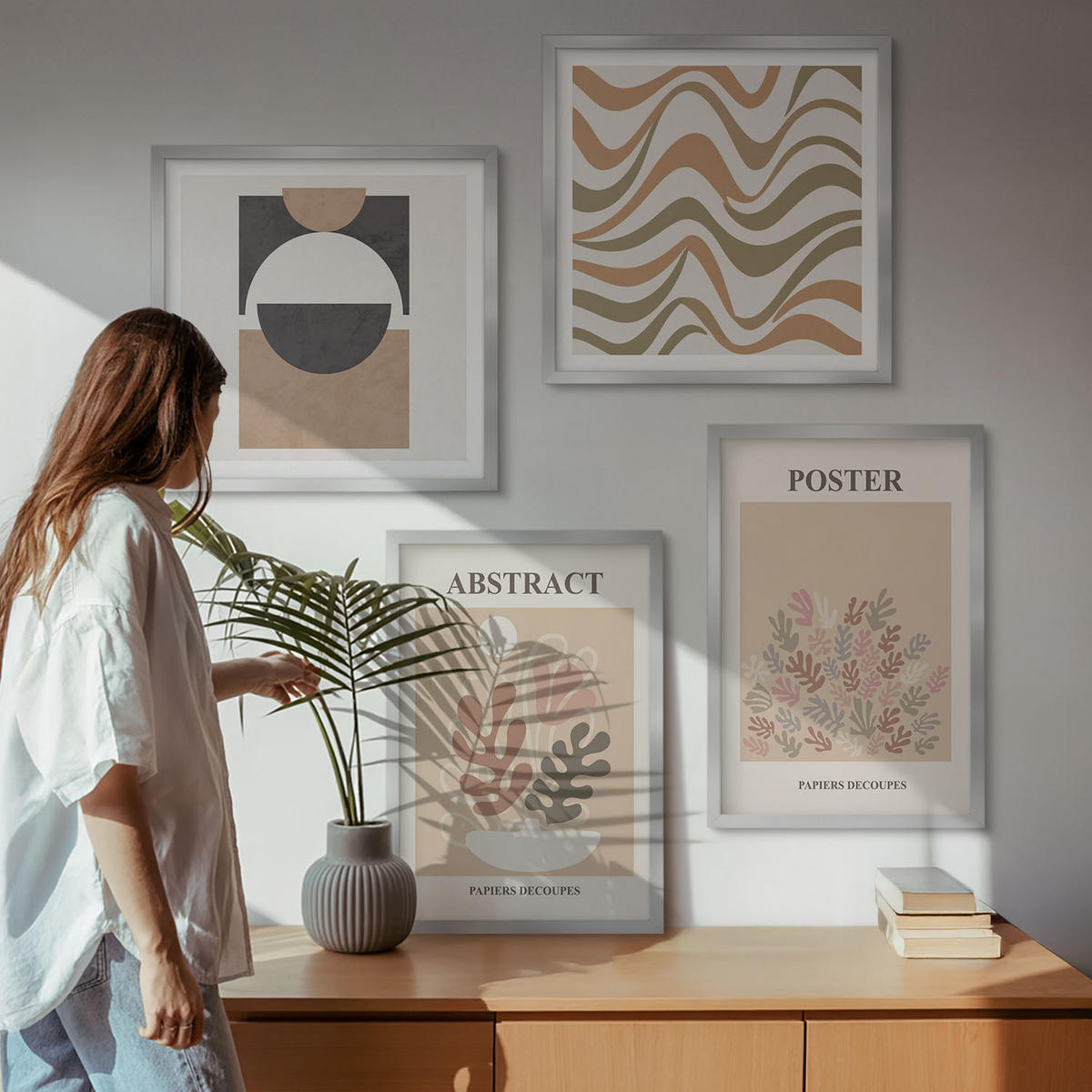 BILDER SET 4er Set - 50x50 cm & 40x60 cm Silberner Rahmen - Abstrakte Formenmuster - Silberfarben, Kunststoff (50/50cm) - TULUP
