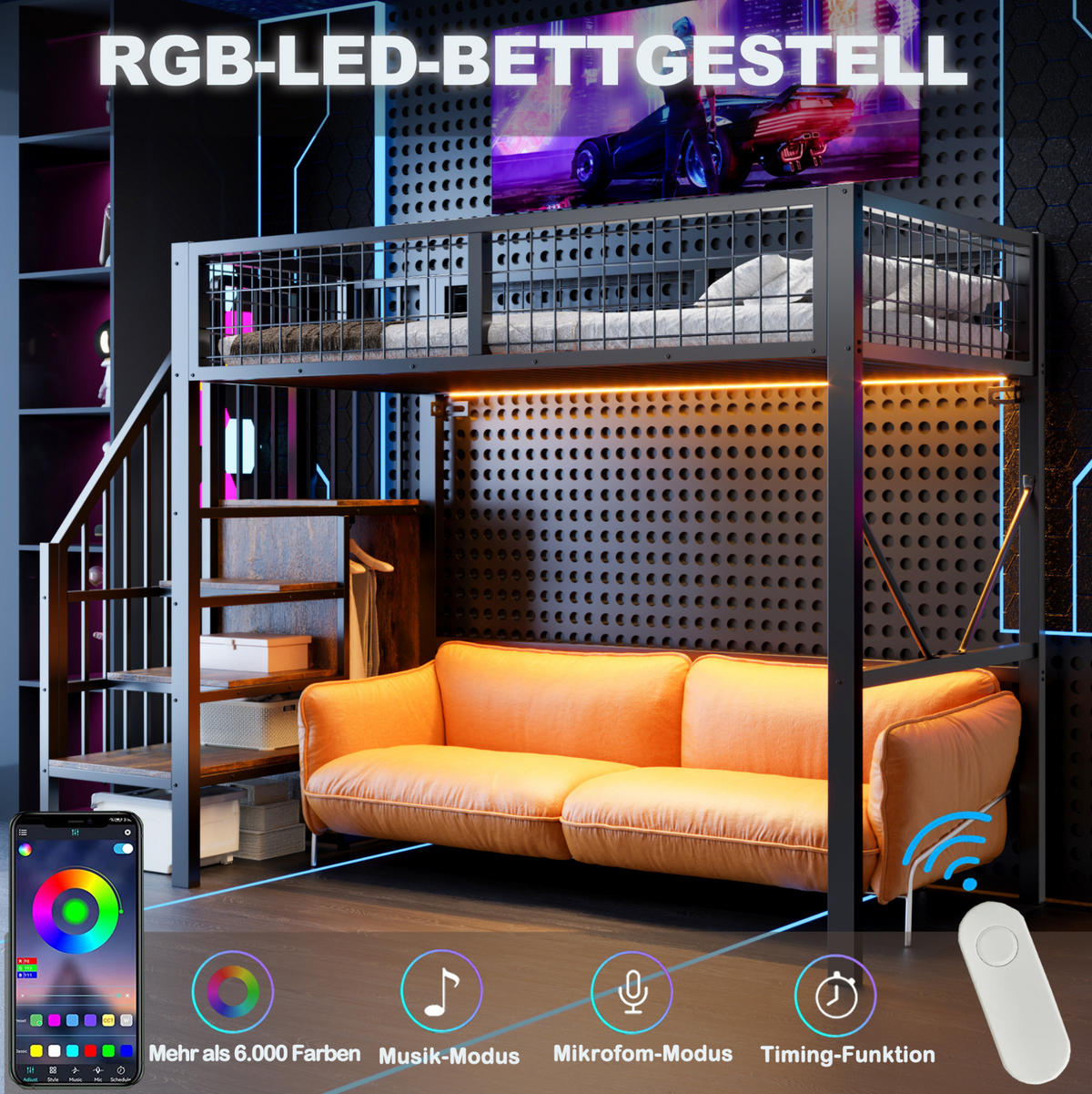 HOCHBETT aus Metall und Holz 90x200 cm Schwarz mit Stauraumleiter und LED-Beleuchtung - Schwarz, Metall (90/200cm) - Modfu