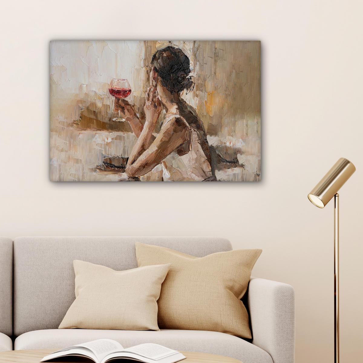 LEINWANDBILD Ölgemälde - Frau - Wein Gemälde 60x40 cm - Hellbraun, Textil (60/40cm) - MuchoWow