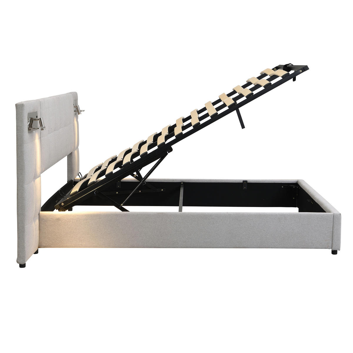 POLSTERBETT mit Stauraum 180x200 cm Leinen Grau mit USB & kabellosem Laden - Grau, Metall (180/200cm) - Meubliv