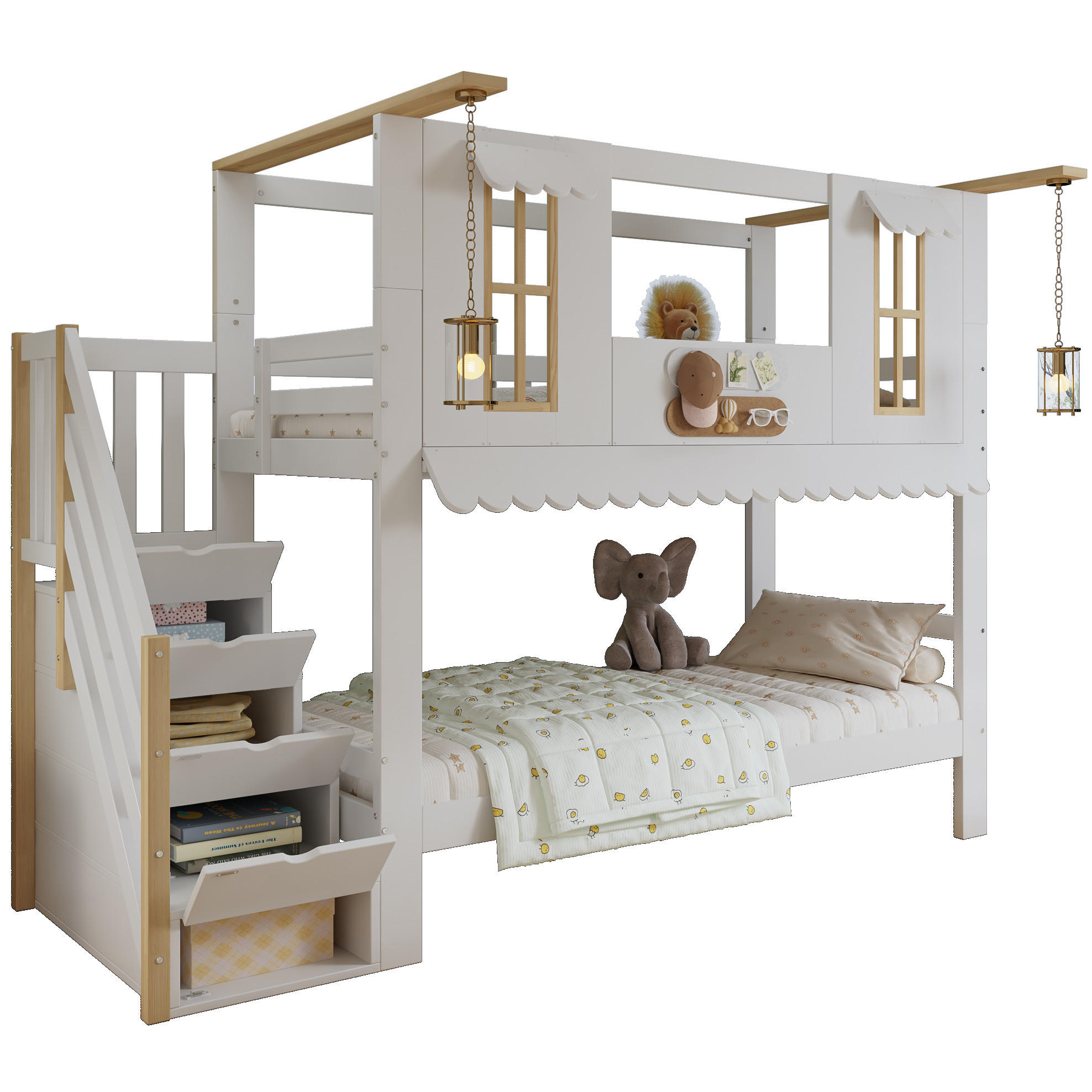 ETAGENBETT 90/200 cm mit Aufbewahrungstreppe, Fenstern und Dachkante aus Kiefernholz/MDF, Weiß/Natur - Weiß, Holz (90/200cm) - Redom