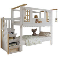 ETAGENBETT 90/200 cm mit Aufbewahrungstreppe, Fenstern und Dachkante aus Kiefernholz/MDF, Weiß/Natur - Weiß, Holz (90/200cm) - Redom