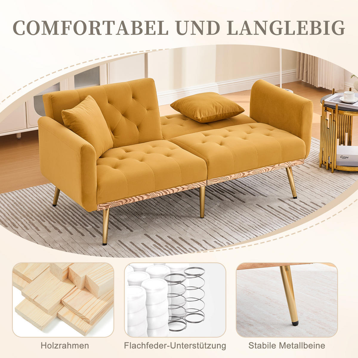 SCHLAFSOFA Samt mit verstellbarer Rückenlehne Senfgelb 165/72,5/75 cm - Gelb, Textil (72.5/75/165cm)