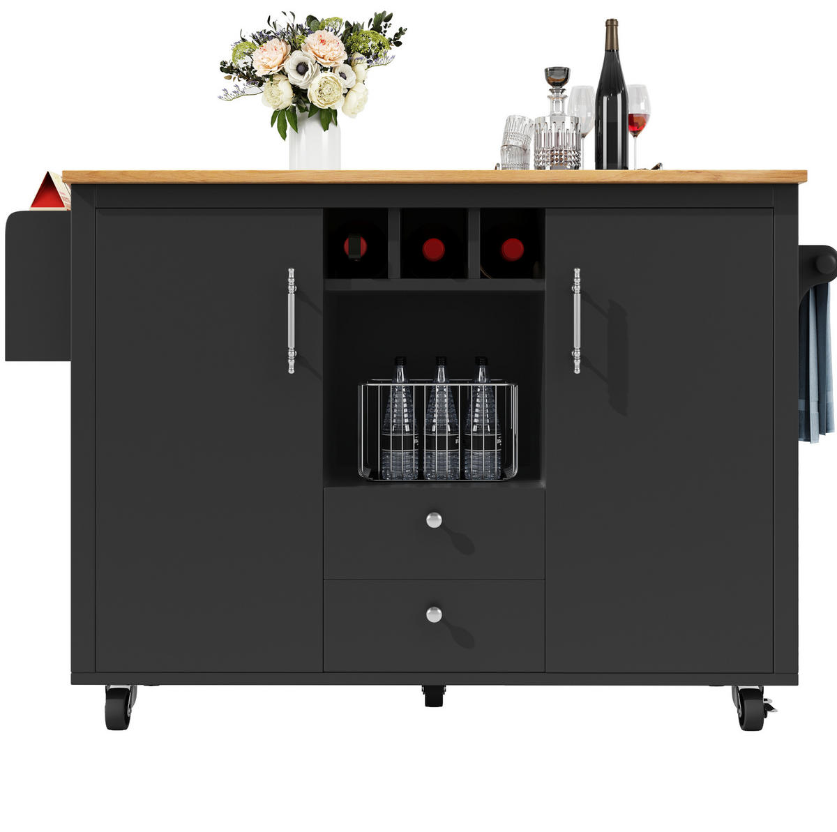 KÜCHENINSEL 137,9/73/92,2 cm schwarz aus MDF/Metall mit Klapptisch - Schwarz, Holzwerkstoff (137.9/92/73cm) - OKWISH