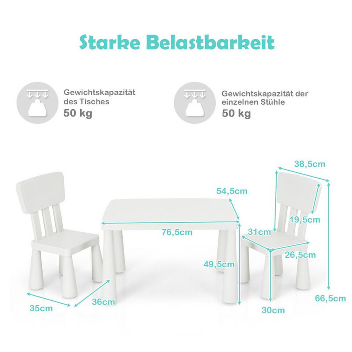 KINDERTISCH mit 2 Stühlen weiß(3-tlg) - Weiß, Kunststoff (76.5/49.5/54.5cm) - COSTWAY