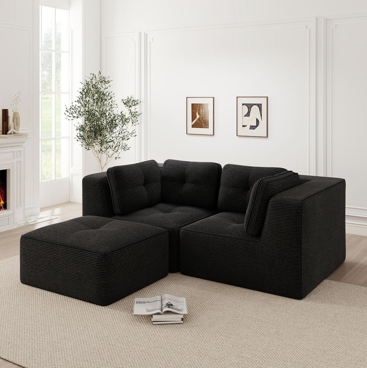ECKSOFA 208/177/69 cm schwarz aus Cord mit modularem Design und beweglichem Hocker - Schwarz, Textil (177/208cm) - OKWISH