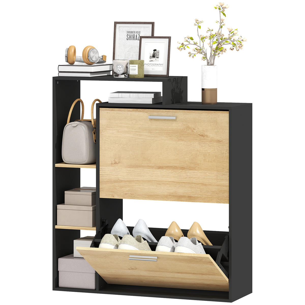 SCHUHSCHRANK Schwarz Natur Holzwerkstoff klappbar mit Fächern 1 Stück - Schwarz, Holzwerkstoff (80/90/26cm) - PANGIVO