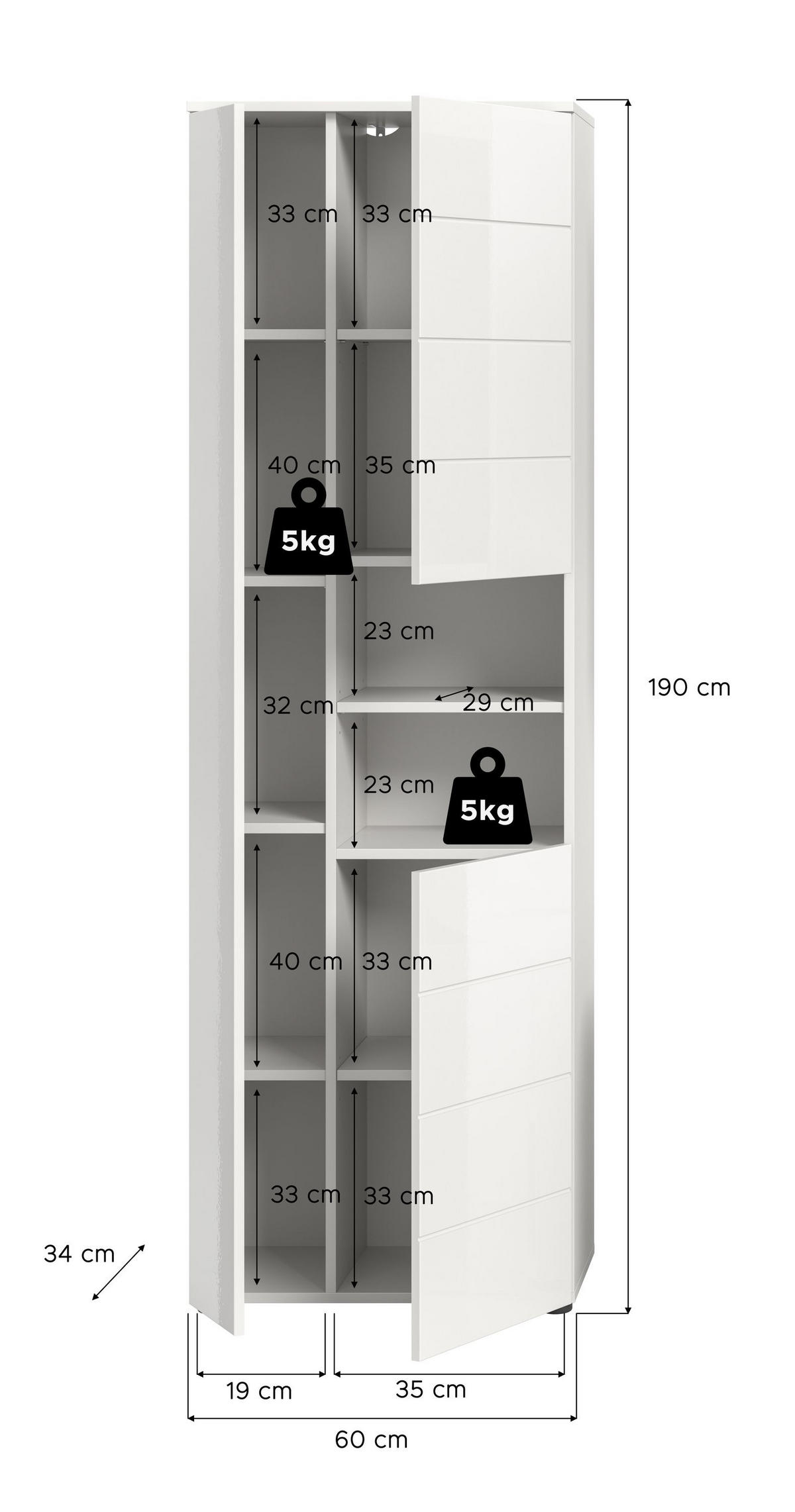 HOCHSCHRANK VIRA (B/H/T: ca. 60/190/34 cm) in weiß/weiß hochglanz - Weiß, Holzwerkstoff (60/190/34cm)