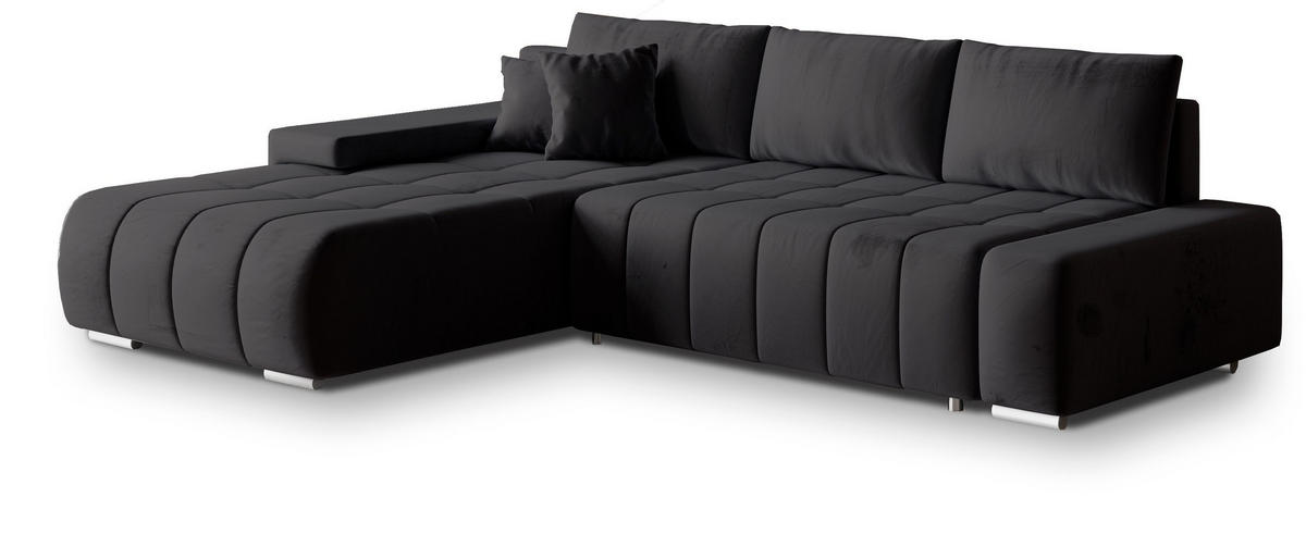 ECKSOFA ALESE L-S Schwarz Velours-Stoff mit Schlaffunktion - Schwarz, Holz (265/185cm) - MASSENO