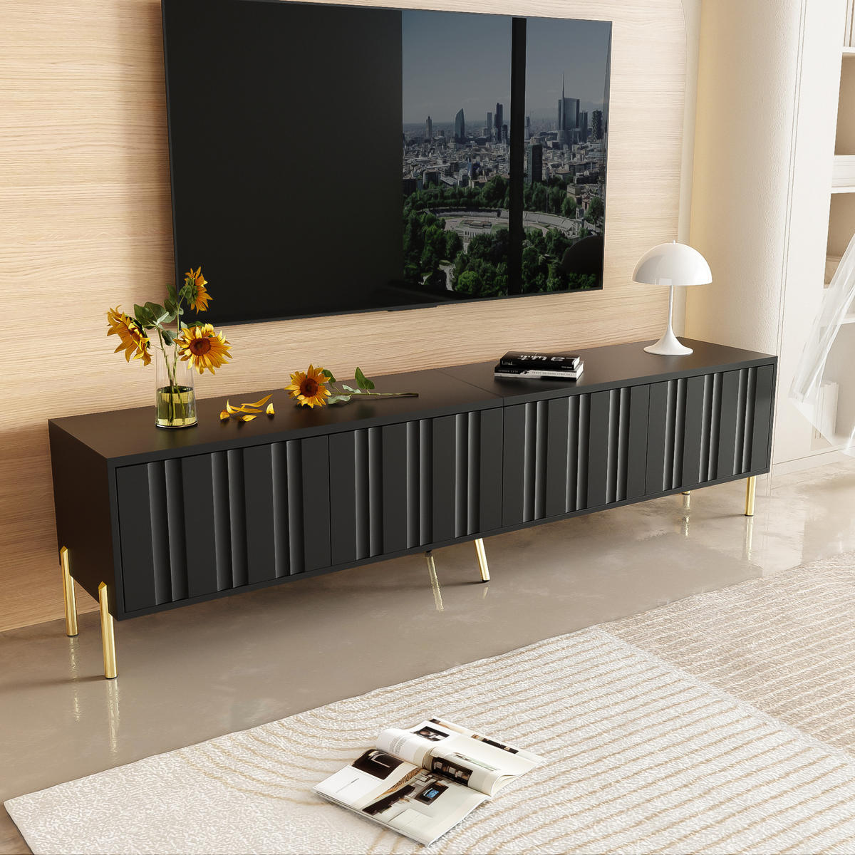 TV-LOWBOARD aus MDF und Spanplatte 190x38x48 cm Schwarz mit 4 Türen und goldfarbenen Füßen - Schwarz, Holzwerkstoff (190/48/38cm) - IVMEU