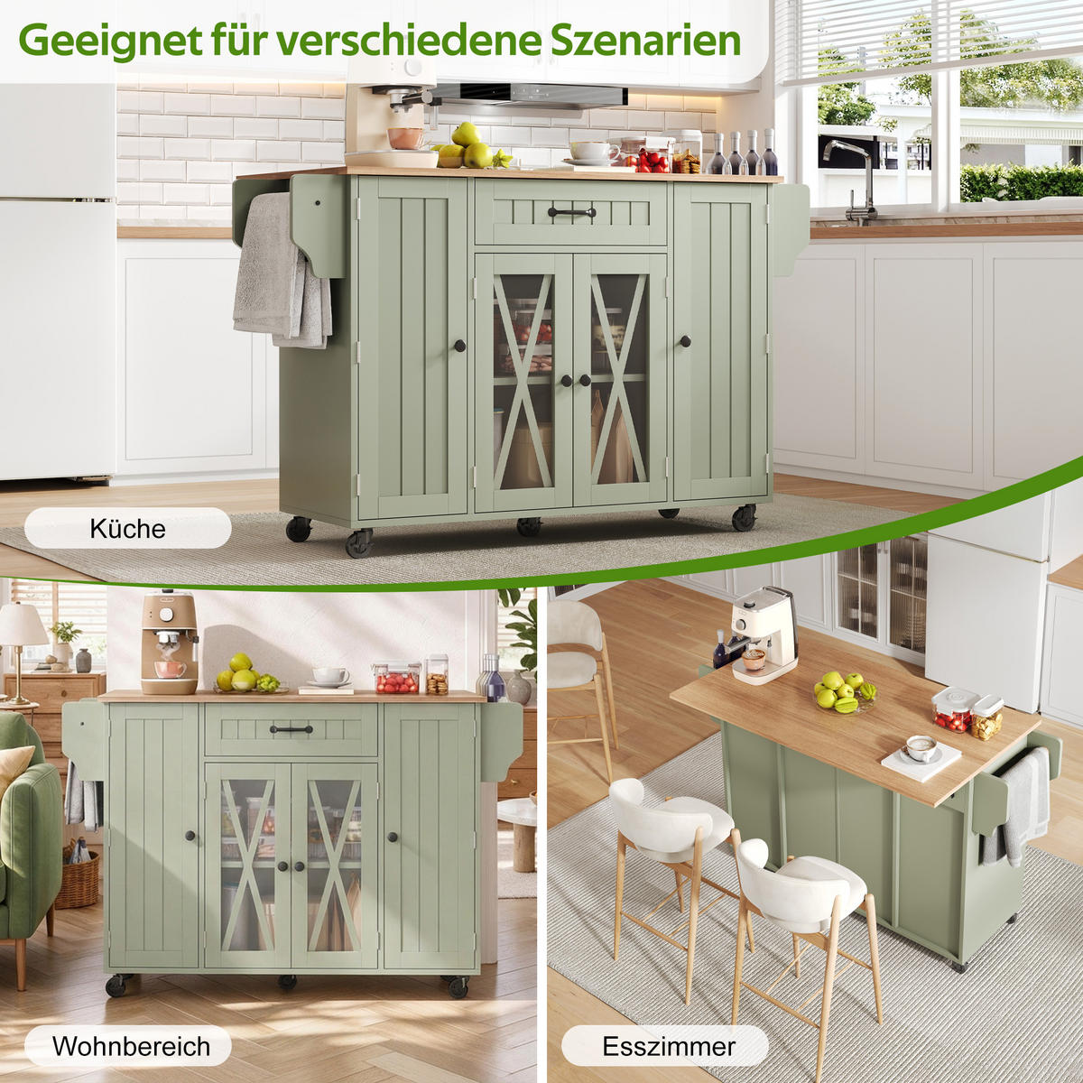 KÜCHENINSEL Auf Rollen Grün mit Klappbarer Platte & Stauraum - Grün, Holzwerkstoff (120/90/69cm) - Urban Meuble