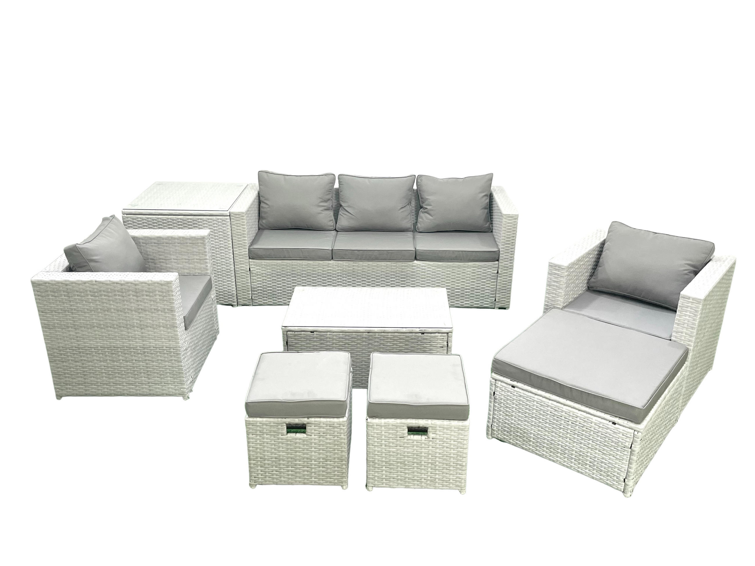 GARTENMÖBELSET mit 3-SITZER SOFA,COUCHTISCH Polyrattan Hellgrau-Mix 8-Sitzer - Hellgrau/Grau, Glas/Kunststoff - Fimous