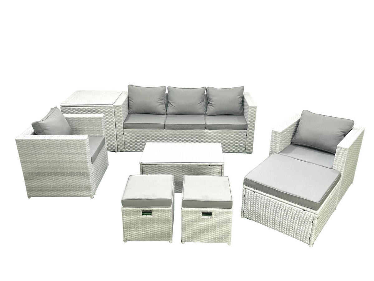 GARTENMÖBELSET mit 3-SITZER SOFA,COUCHTISCH Polyrattan Hellgrau-Mix 8-Sitzer - Hellgrau/Grau, Glas/Kunststoff - Fimous