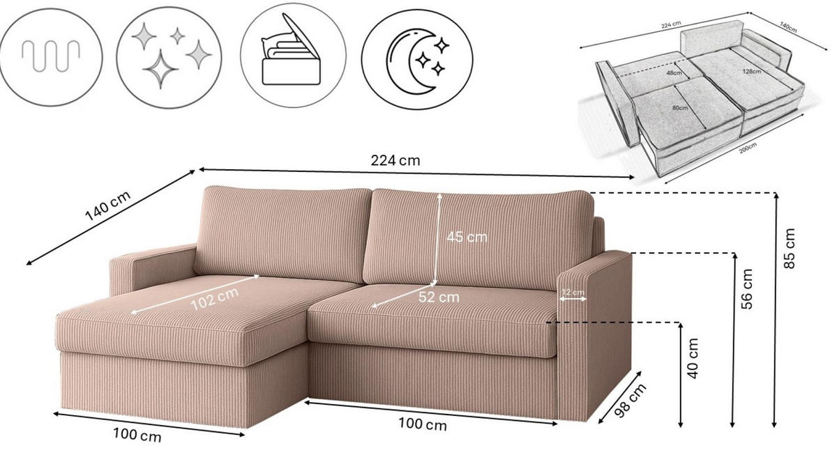 ECKSOFA Mit Schlaffunktion Und Bettzeugablage LUBEKA Stoff Poso Rosa Links - Rosa, Holz/Textil (140/147cm) - Kaiser Möbel