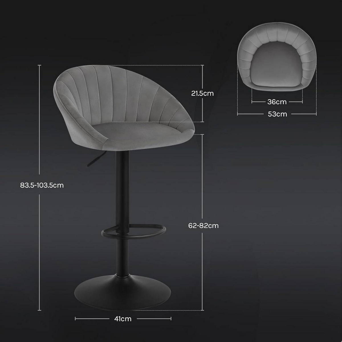 BARHOCKER 4er Set mit Rückenlehne, Samt, Dunkelgrau - Dunkelgrau/Schwarz, Textil/Metall (53/83/45cm) - Woltu