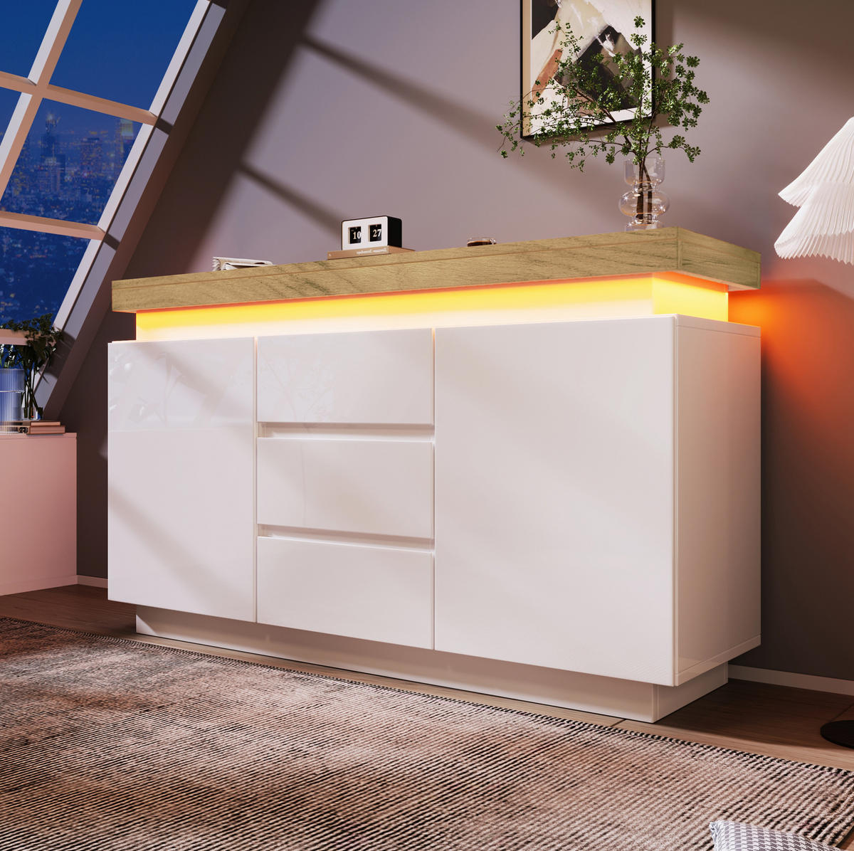 KOMMODE aus Spanplatte und MDF 39x140x81 cm Weiß mit LED-Beleuchtung, 2 Türen, 3 Schubladen und verstellbaren Einlegeböden - Weiß, Holzwerkstoff (140/81/39cm) - Modfu
