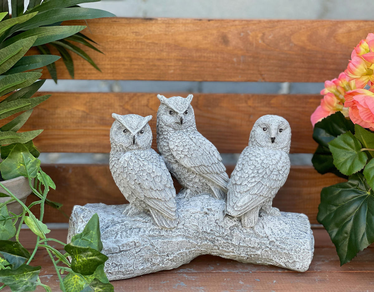 STEINFIGUR 3er Eulen auf Stamm frostfest Steinguss - Grau, Stein (22/16/8cm) - stoneandstyle