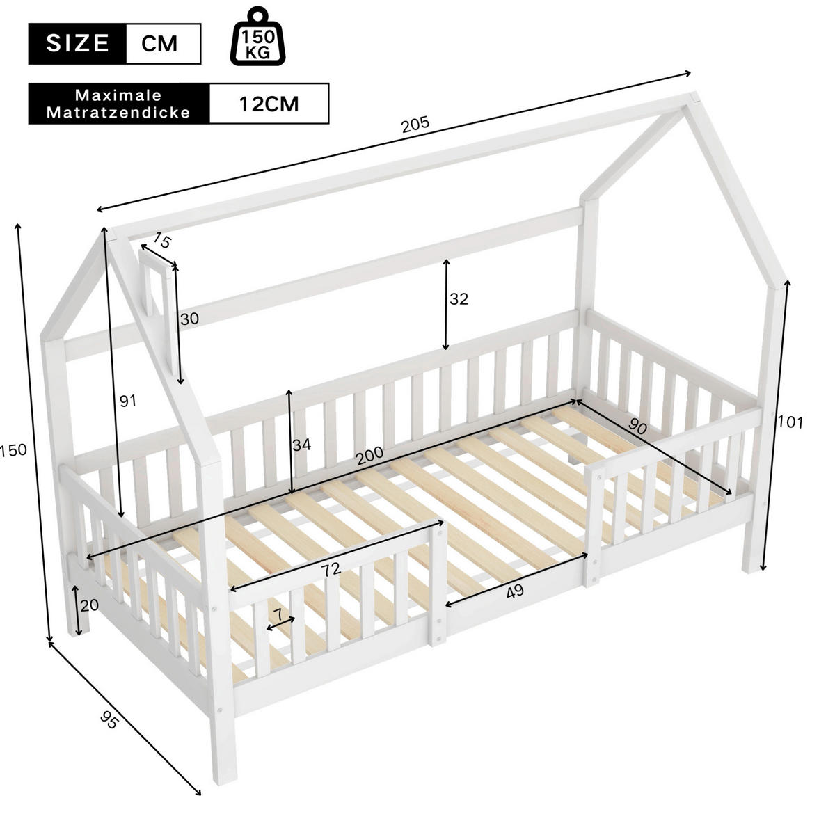 KINDERBETT 90/200 cm mit Dach, Zaun und Lattenrost aus Kiefern, Weiß - Weiß, Holzwerkstoff (90/200cm) - Redom