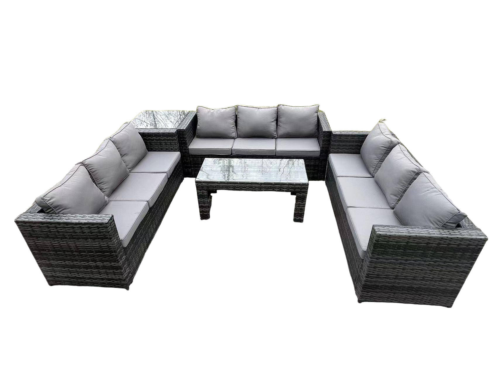 GARTENSOFA Hohe Rückenlehne Polyrattan 9-Sitzer - Dunkelgrau/Grau, Glas/Kunststoff - Fimous