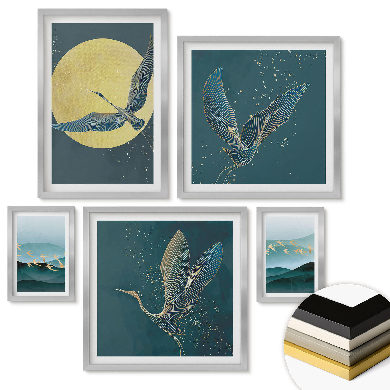 WANDBILDER 5er Set - 50x50 cm & 20x30 cm & 40x60 cm Silberner Rahmen - Abstrakte Landschaften von Vogelwellen - Silberfarben, Kunststoff (40/60cm) - ArtPrintCave