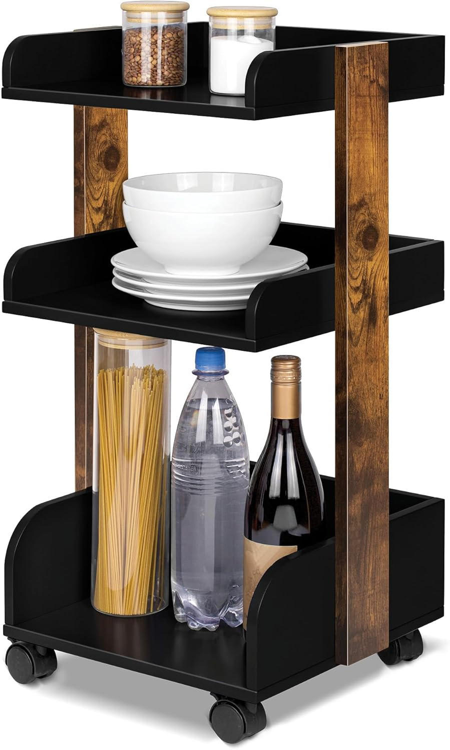 ROLLWAGEN Bosse Schwarz-Braun - Wildeiche/Schwarz Hochglanz, Holz/Holzwerkstoff (32/69/35cm) - BoMoe