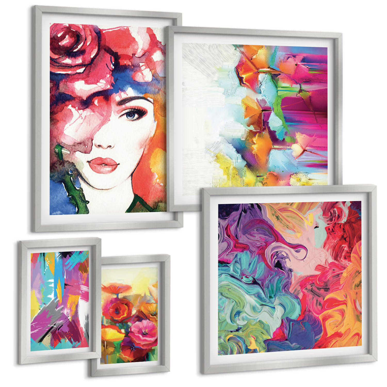 BILDER SET 5er Set - 50x50 cm & 20x30 cm & 40x60 cm Silberner Rahmen - Farbenfrohe Abstraktionen der Form - Silberfarben, Kunststoff (40/60cm) - TULUP