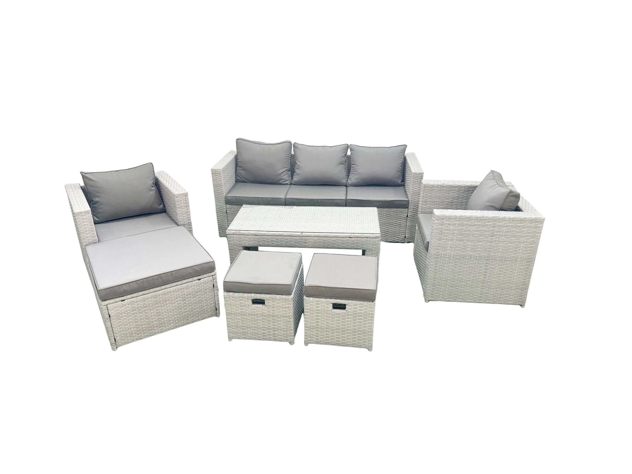 GARTENSET mit 3-SITZER SOFA,COUCHTISCH Polyrattan Hellgrau-Mix 8-Sitzer - Hellgrau/Grau, Glas/Kunststoff - Fimous