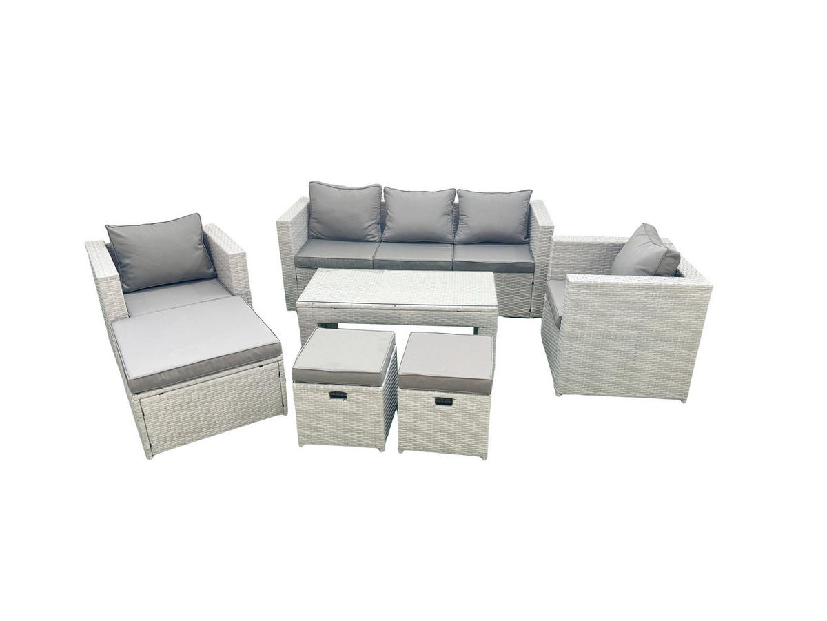 GARTENSET mit 3-SITZER SOFA,COUCHTISCH Polyrattan Hellgrau-Mix 8-Sitzer - Hellgrau/Grau, Glas/Kunststoff - Fimous