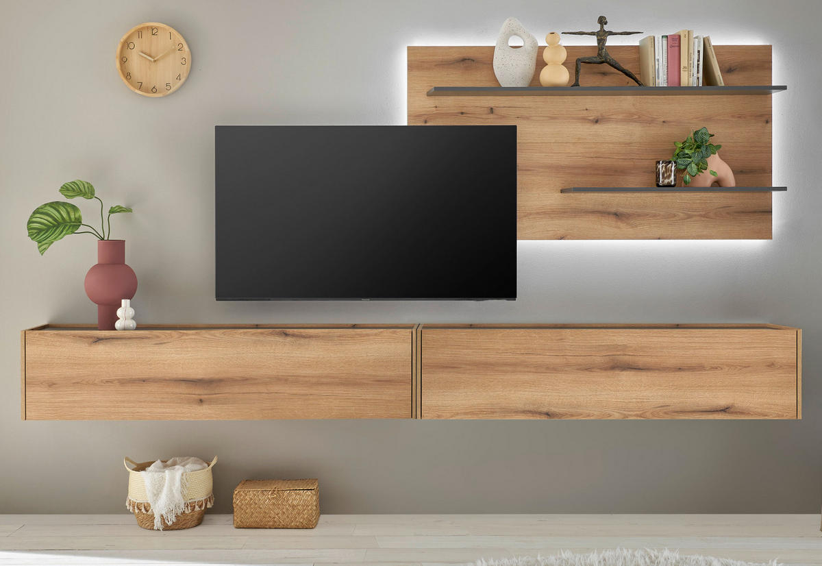 WOHNWAND Evoke Eiche, grau, Wohnkombination Set 3-teilig, 300 cm - Eichefarben/Grau, Holz/Holzwerkstoff (300/180/30cm) - Furn.Design