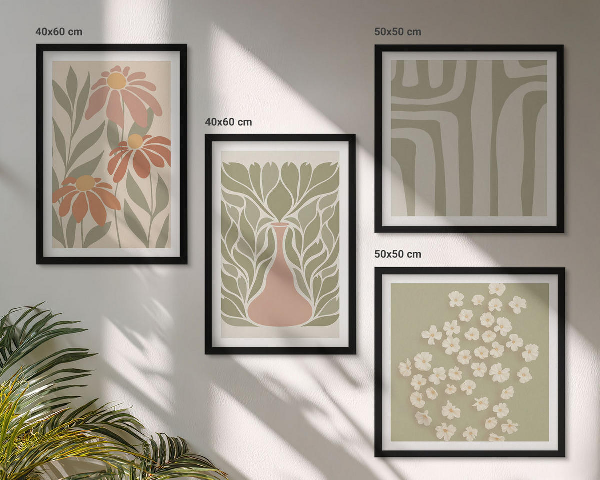 WANDBILDER 4er-Set - 50x50 cm & 40x60 cm Schwarzer Rahmen - Floraler minimalistischer Boho-Stil - Schwarz, Kunststoff (50/50cm) - ArtPrintCave