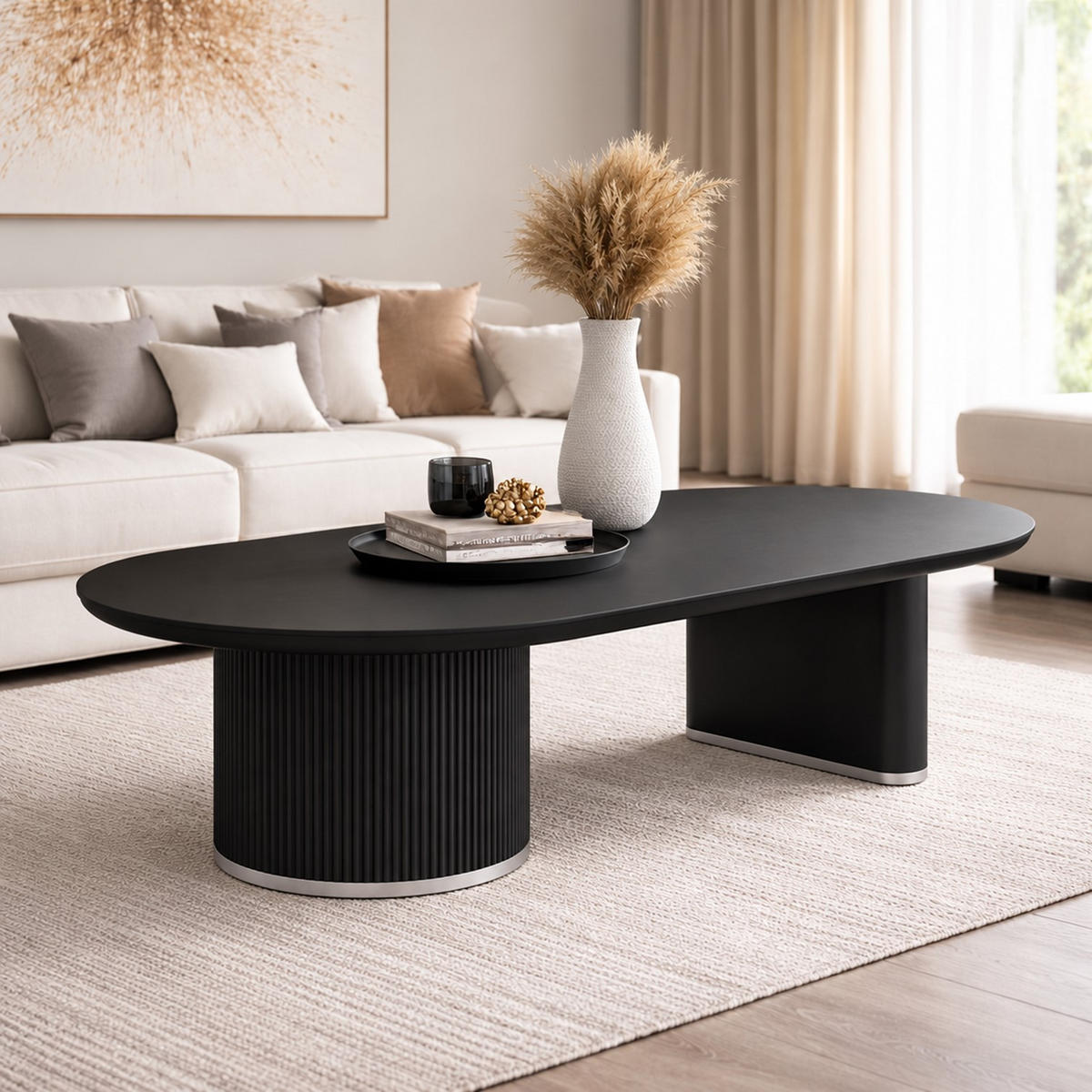 COUCHTISCH Oval Schwarz 130 × 70 cm mit geriffeltem Säulengestell und Silberakzenten - Schwarz, Holzwerkstoff (70/130/45cm)