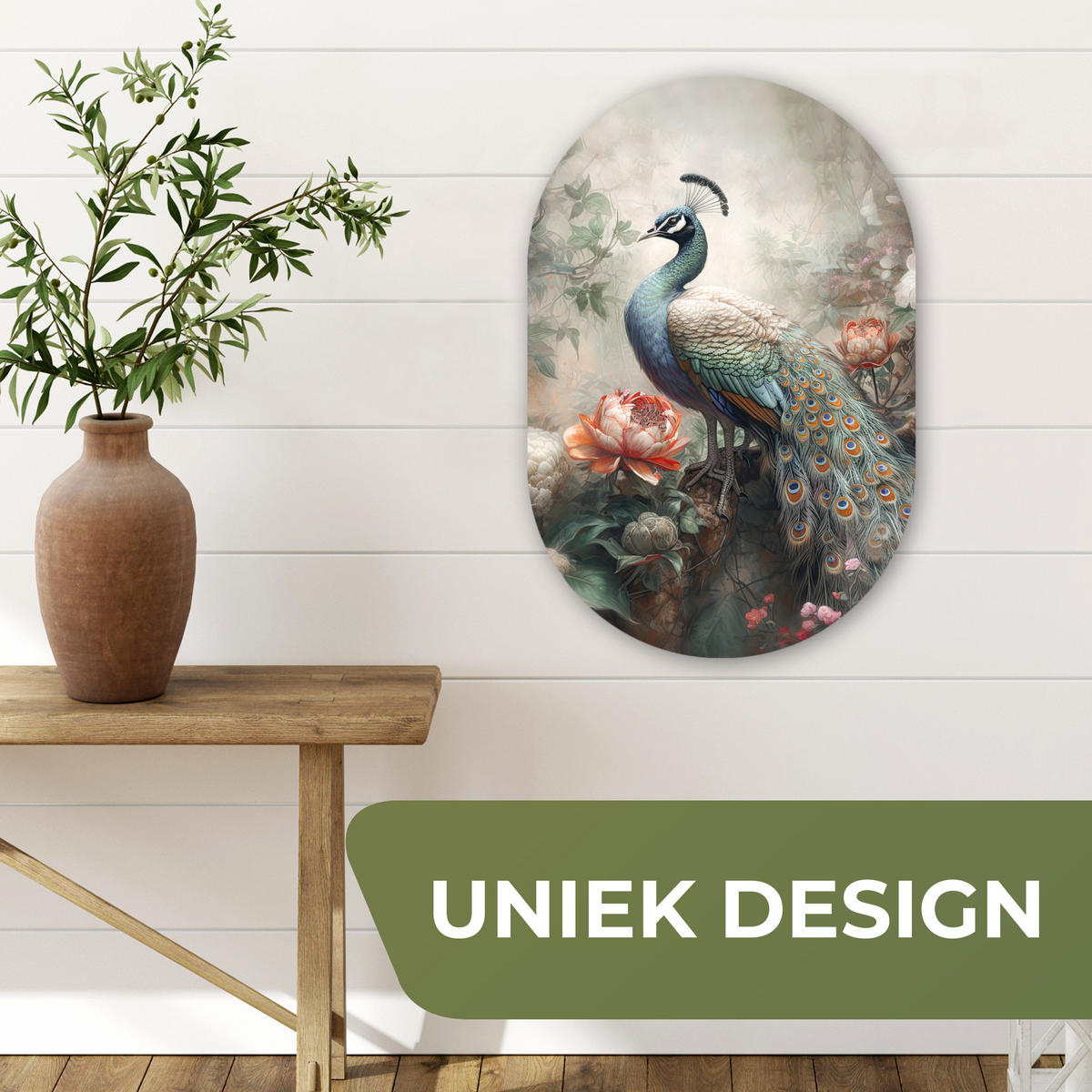 WANDBILD Pfau - Pfauenfedern - Vogel - Dschungel - Blumen Deko Wohnzimmer 40x60 cm - Smaragdgrün, Kunststoff (40/60cm) - MuchoWow