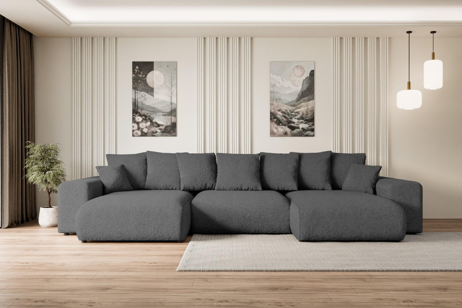 WOHNLANDSCHAFT mit Schlaffunktion ESKAR-U -364x176x84cm Grau Bouclé - Schwarz/Grau, Holzwerkstoff/Kunststoff (364/84/176cm) - ALTDECOR