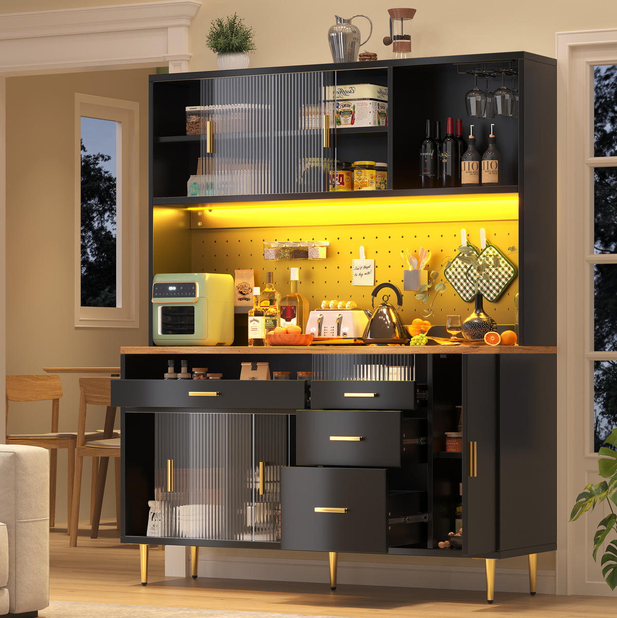 BUFFET 145/39/171 cm aus MDF und Glas mit LED-Beleuchtung und Glasschiebetüren Schwarz - Schwarz, Holzwerkstoff (145/171/24cm) - Modenvie
