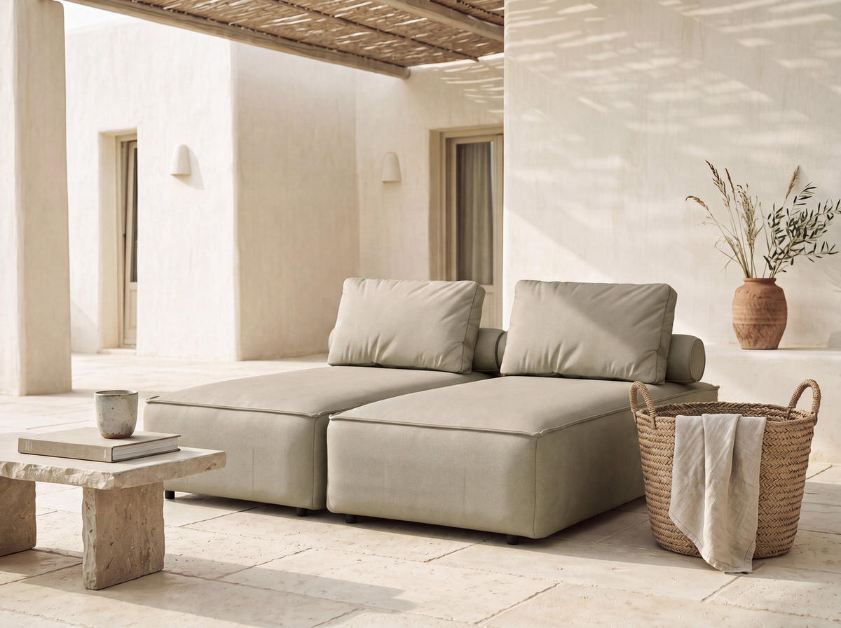 GARTENLIEGE Lorento 2er-Set Outdoor Polster-Doppelliege, Taupe Beige Kunstleder 184/73/195 cm - Taupe, Textil (92/73/195cm) - WFL GROUP