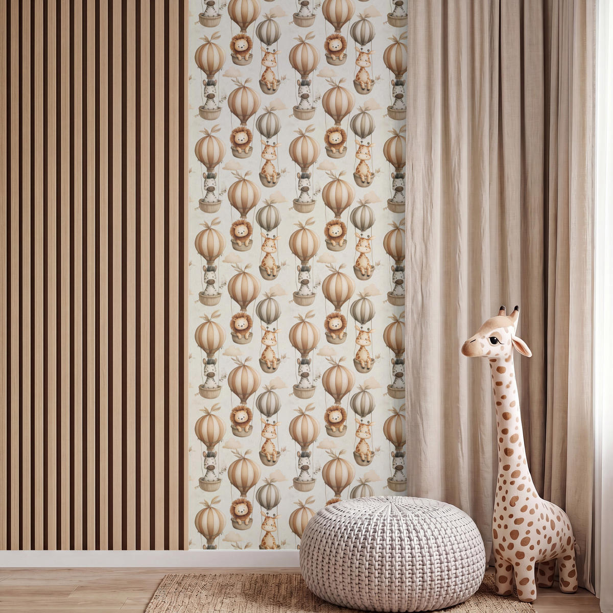 KINDERTAPETE - Safari - Heißluftballons - Taupe - 100x260 cm - Beige, Papier (100/260cm) - OnlyWow