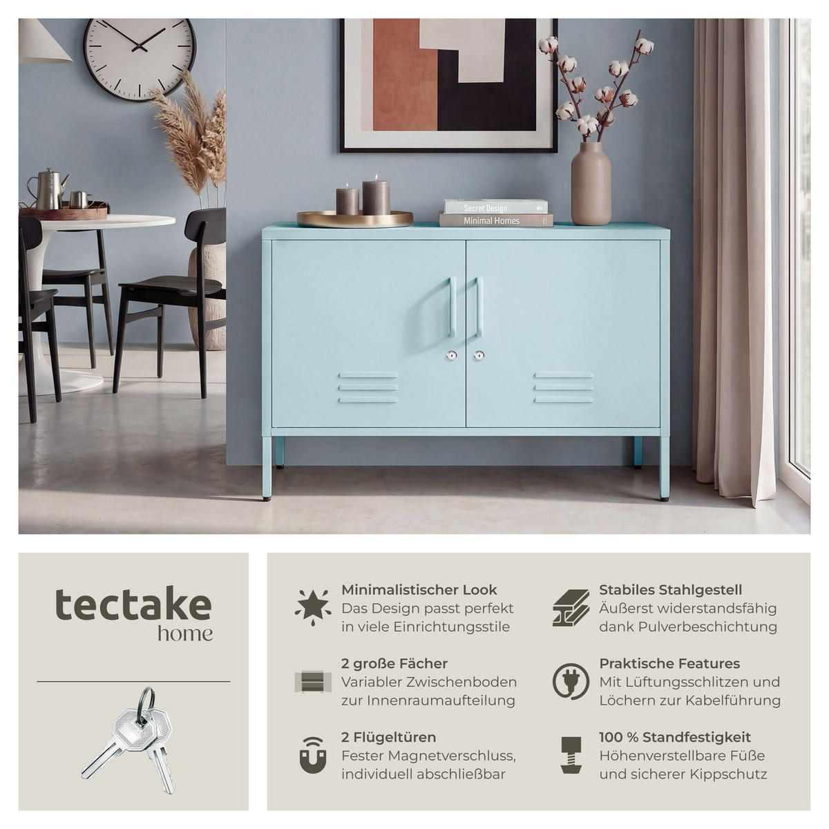 SIDEBOARD Baker, Kippschutz, höhenverstellbare Füße, grau/blau - Blau/Grau, Metall (100/65/42.5cm) - tectake