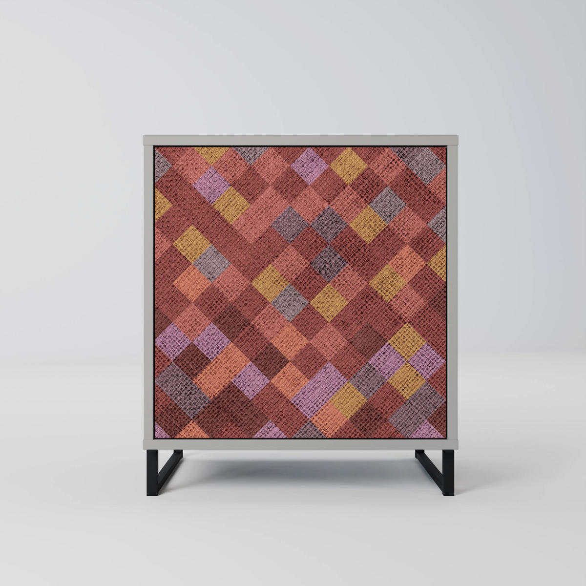 SIDEBOARD PAINTED SQUARES, Grau, 57,5x42x75,5 cm, Goldfarbene Metallfüße - Goldfarben/Multicolor, Holzwerkstoff/Metall (57.5/75.5/42cm) - SpaceRebels