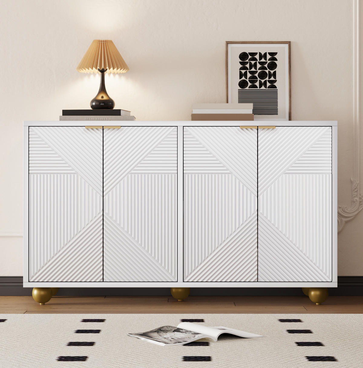 SIDEBOARD 120/35/71,5 cm in Weiß mit 4 Türen und gravierten Fronten - Weiß, Holzwerkstoff (120/71.5/35cm) - BEAOK
